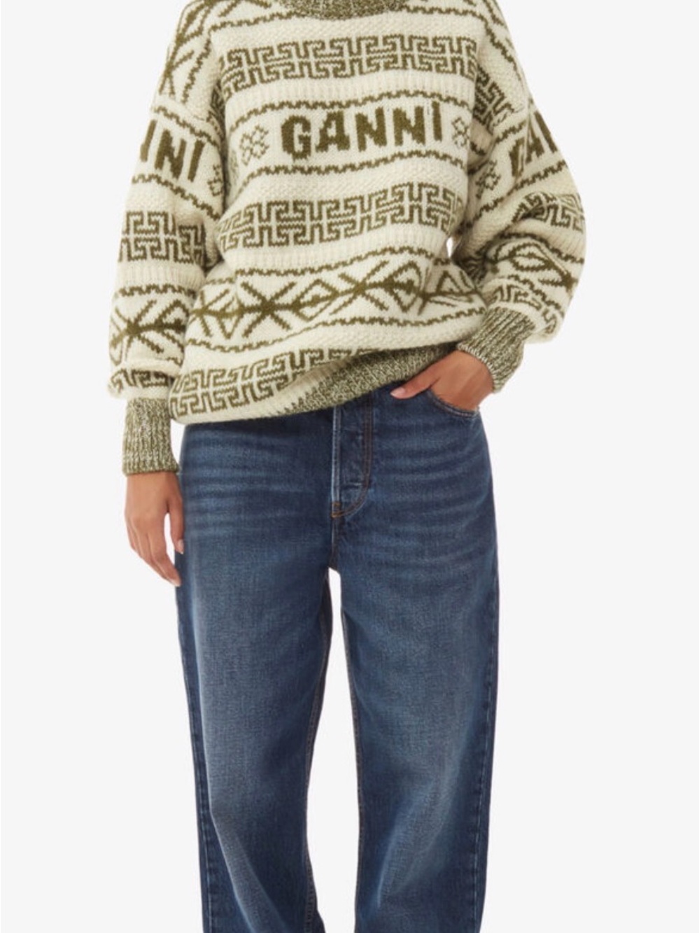 Ganni Cream & Olive Fair Isle Knit Sweater